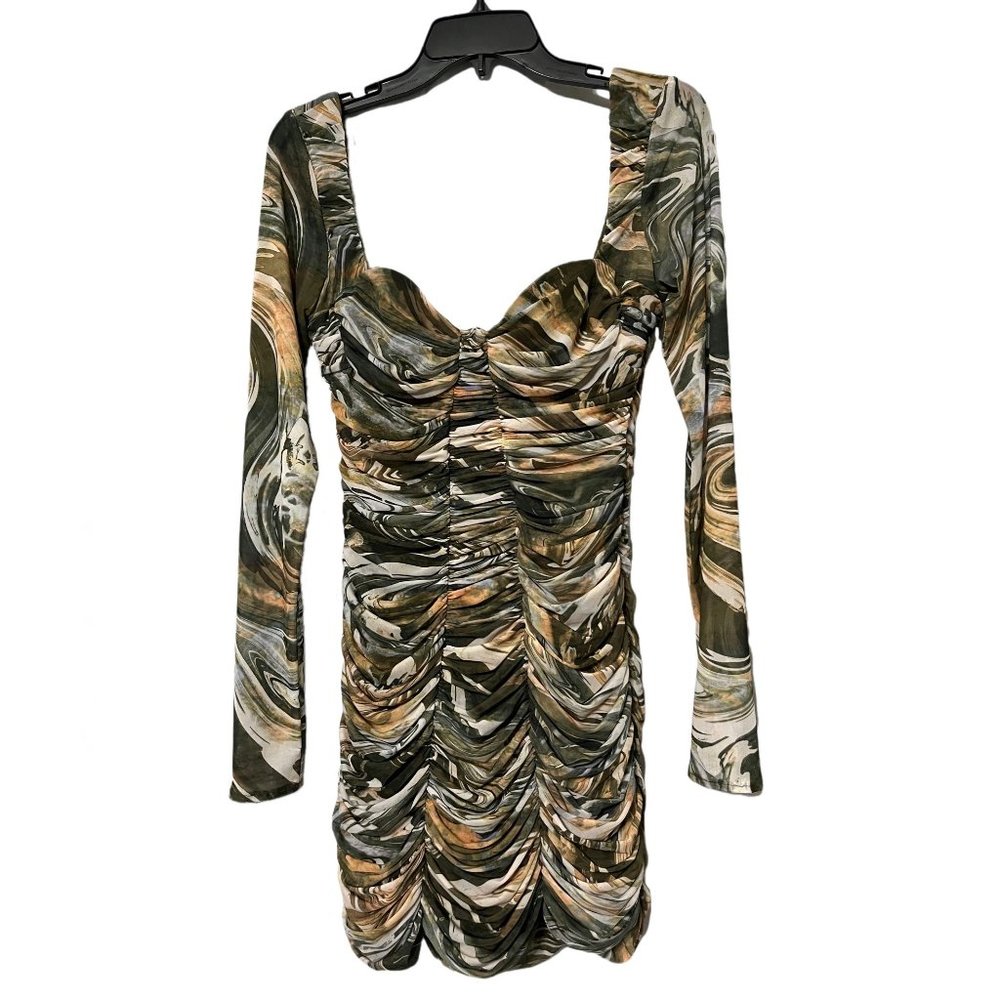ZARA Dark Green Multicolored Long Sleeve Bodycon Dress